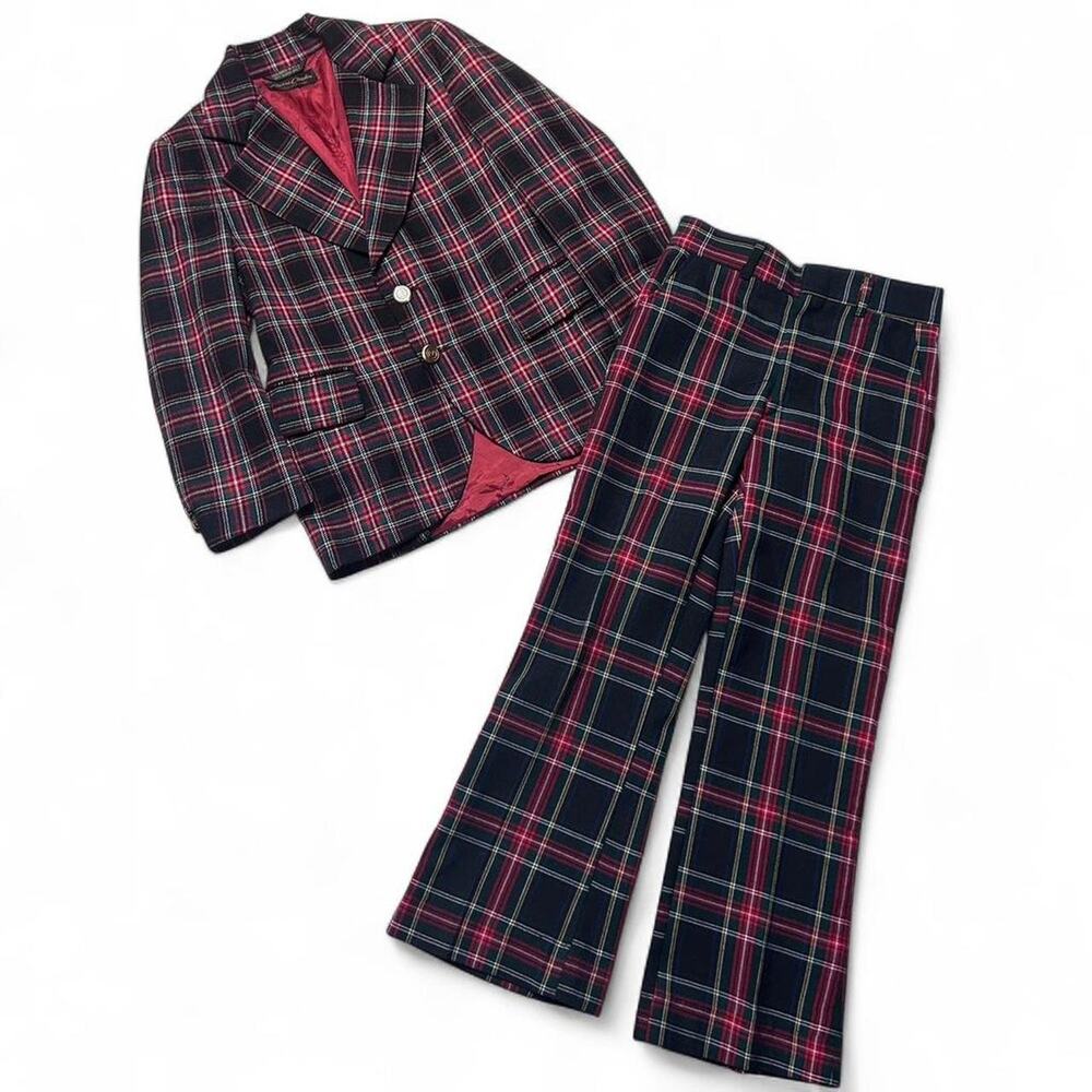 Pierre Cardin Vintage 70s Wool Tartan Plaid Pant Suit Blazer Jacket Womens 00
